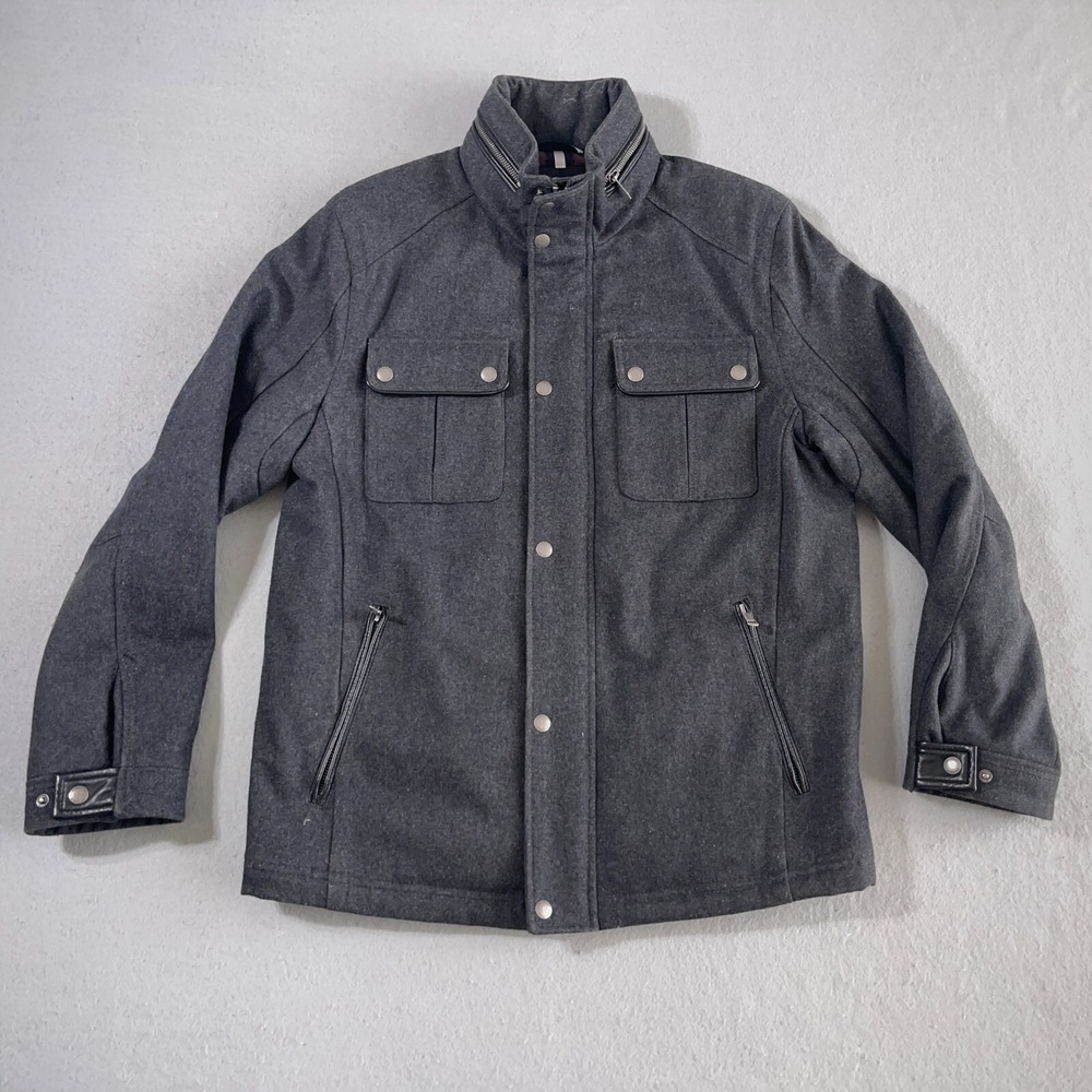 Cole Haan Wool Melton Stand Collar‎ Jacket Men Medium Quilted Liner Hood Pockets